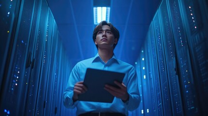 Young Professional Overseeing Cybersecurity Network in Data Center