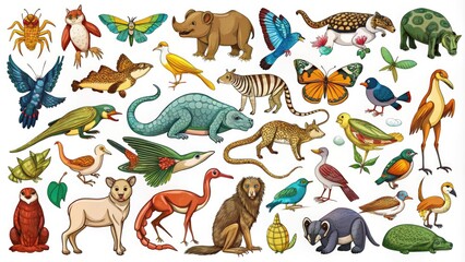 Obraz premium Vibrant, hand-drawn vector illustrations of diverse animals, including mammals, birds, reptiles, and insects, in various poses and compositions, perfect for design and educational projects.