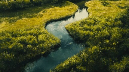 Serpentine River Winding Through Lush Green Foliage