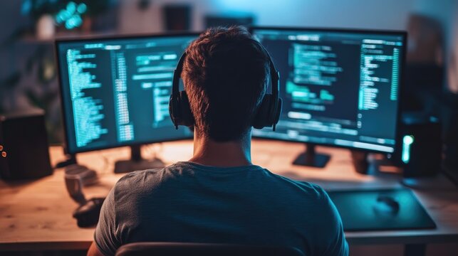 IT Expert Analyzing Code and Data on Screen