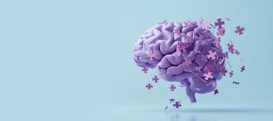 Alzheimer awareness day, dementia diagnosis, Parkinson disease, memory loss disorder, brain with purple puzzle or jigsaw pieces, damaged mind 