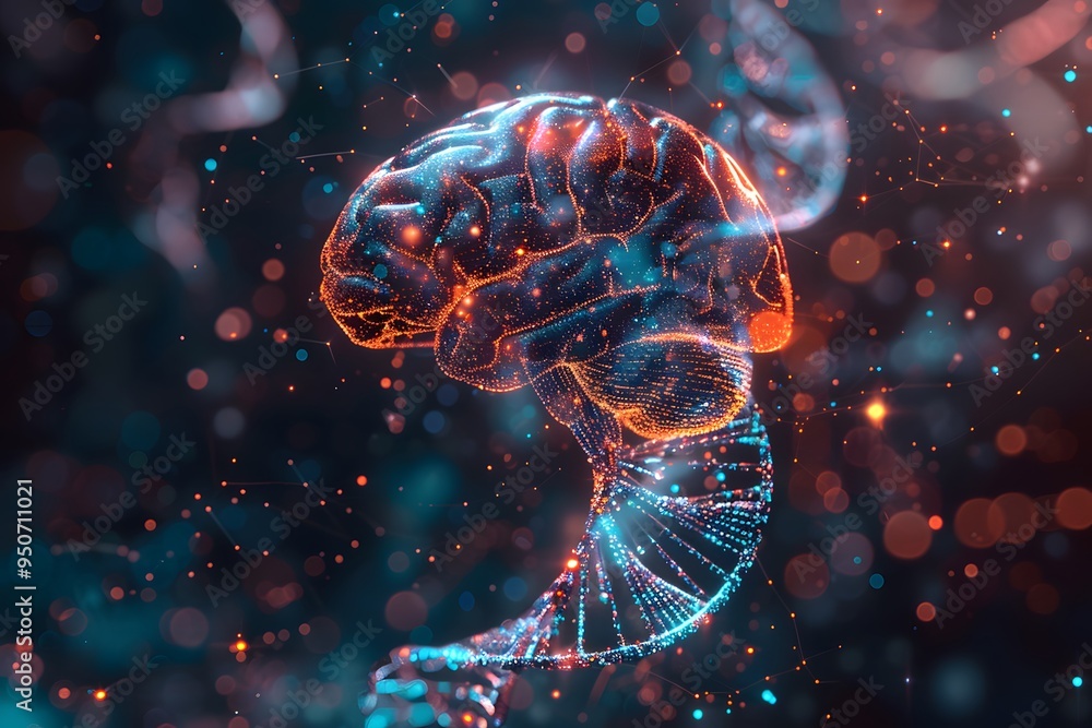 Aufkleber futuristic visualization of a brain with dna helix in a cosmic background