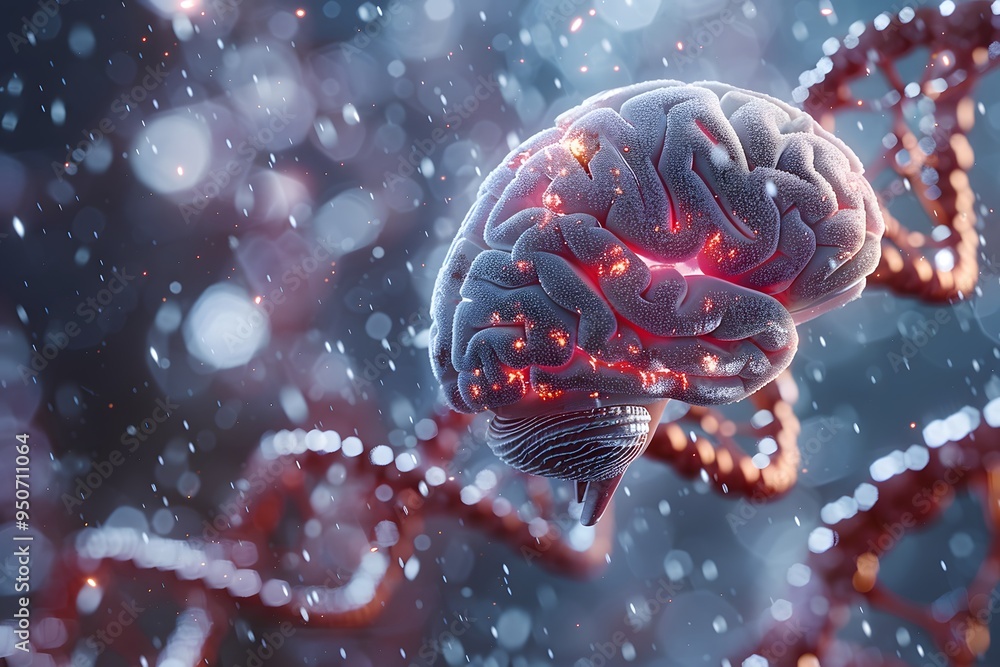 Aufkleber intricate visualization of a brain surrounded by dna helix and sparkling particles