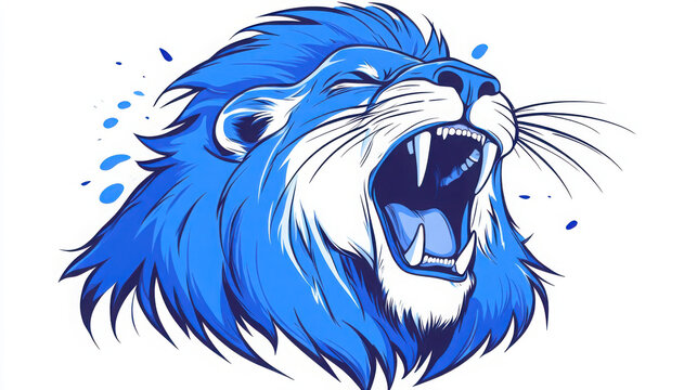 Simple blue line illustration on white background, a super cute anthropomorphic lion figure.