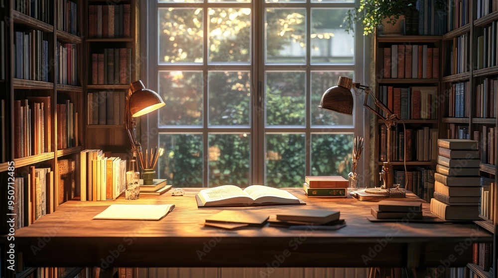 Poster cozy workspace in a rustic library with bookshelves and a large window