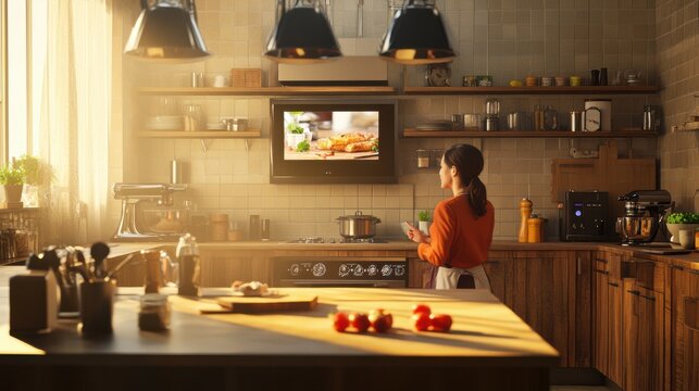 Modern European kitchen with illuminated interior and a woman watching a cooking show on TV, creating a cozy and inspiring culinary atmosphere.