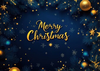 Christmas background with blue color and golden decoration, text "Merry Christmas" card design template illustration with dark navy blue Christmas tree branches frame, stars, balls Generative AI