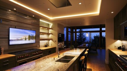 Fototapeta premium Modern Kitchen Interior with LED Strip Lighting and Sleek Design Featuring Smart Appliances and Contemporary Decor