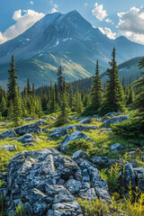  Majestic Mountain Serenity: A breathtaking vista unfolds, showcasing a towering snow-capped mountain rising majestically above a verdant valley, where sunlit pines stand tall amidst a scattering of r
