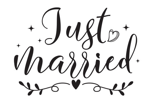 Just Married hand lettering phrase. Vector brush calligraphy text design isolated on white background.