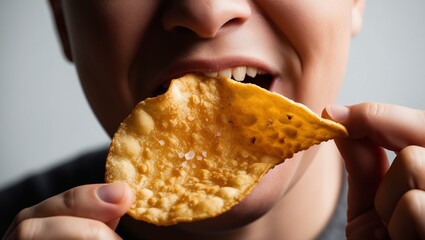 A close-up image of a person holding a crispy chip, just about to take a bite. The chip is golden and slightly textured, with tiny salt crystals visible. The background is blurred to keep the focus