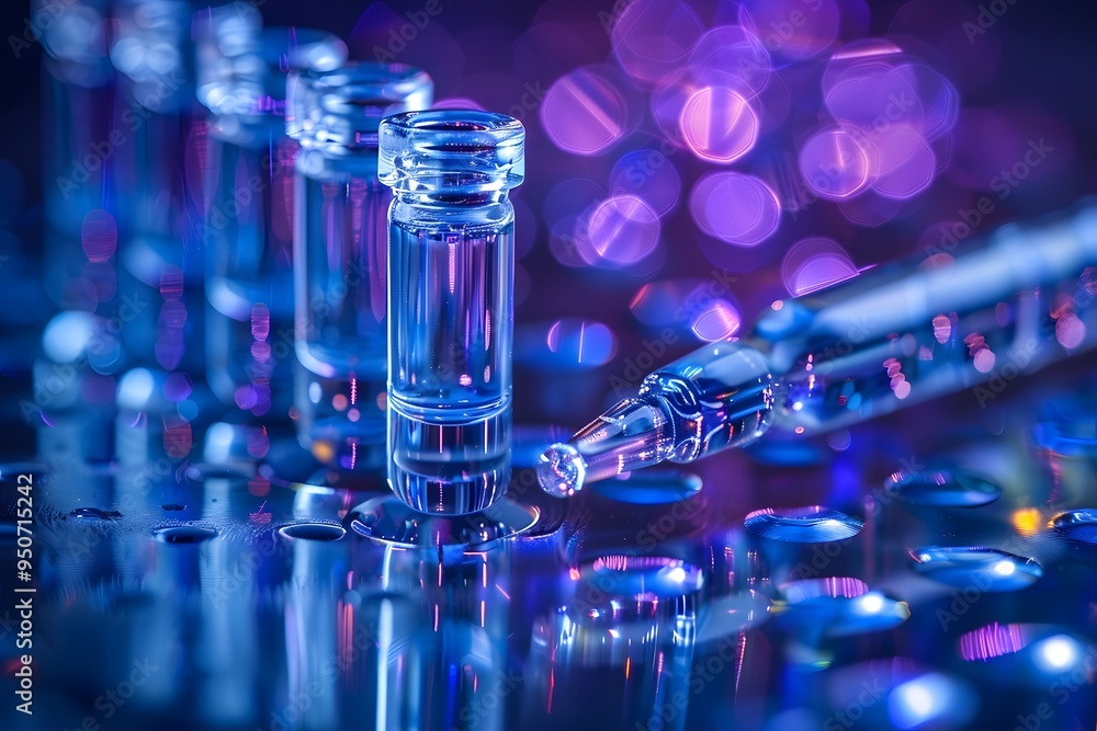 Poster captivating close-up of glass vials and pipette in a colorful laboratory setting