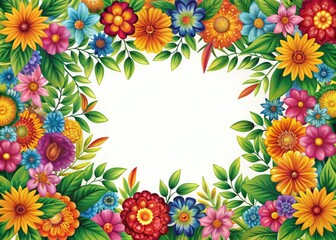 Obraz premium Vibrant illustration of colorful flowers and leaves intricately woven within a decorative vector border, creating a stunning visual frame for creative designs and projects.