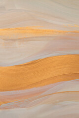 Art Oil and Acrylic wave line brushstroke smear blot painting. Abstract marble texture color stain background. Gold, beige pastel tone.