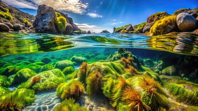 Vibrant, intricately-detailed macro photo of diverse aquatic algae species thriving in crystal-clear waters against a black rock backdrop, showcasing delicate textures and patterns.
