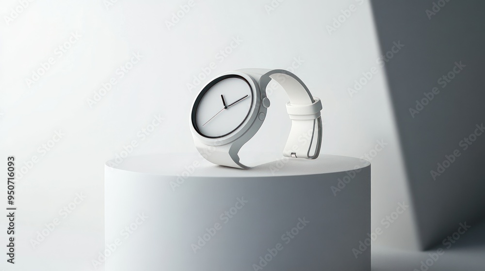 Poster White Wristwatch with Analog Clock Face on a White Platform
