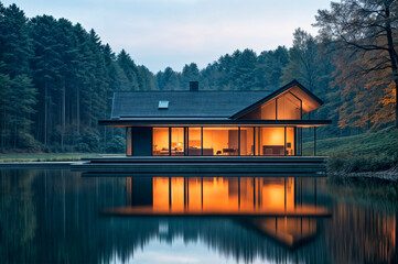 Obraz premium Contemporary lakefront house with large windows reflecting on still water in a forested setting.