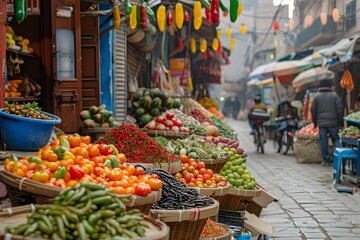 Obraz premium Vibrant Market Scene Filled with Fresh Fruits and Vegetables