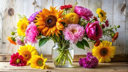 Vibrant multi-colored flowers, including peonies, sunflowers, and daisies, arranged artfully in a clear glass vase on a rustic wooden table against a soft white background.