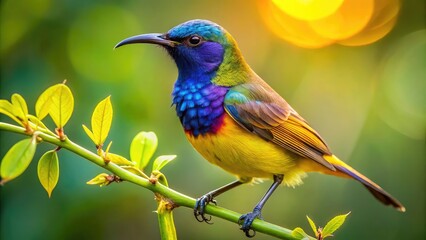 Obraz premium Vibrant olive-backed sunbird perched on a delicate twig, its iridescent feathers glistening in the sunlight, showcasing its radiant plumage and intricate wing details.