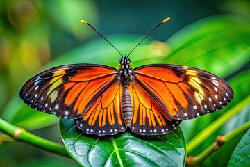 Naklejka premium Vibrant orange and black butterfly perches on a delicate green leaf, intricate wing details and compound eyes showcased in stunning macro photography.