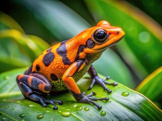 Fototapeta premium Vibrant orange and black golden poison dart frog perches on a leaf in a lush, humid rainforest, its toxic skin glistening with dew droplets.