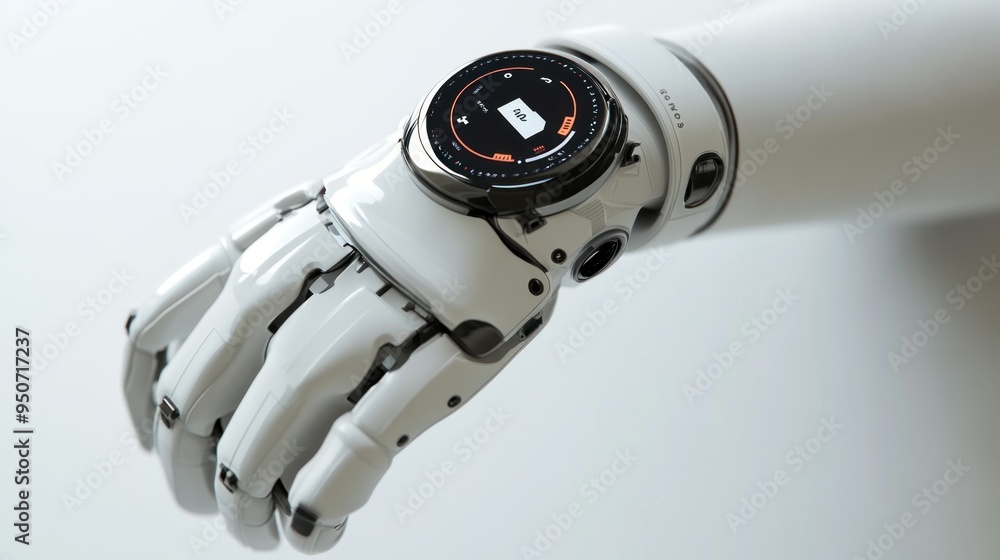 Poster white robotic hand with digital display watch