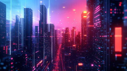 Fototapeta premium Ai generated illustration of a digital loop with a futuristic cityscape and tall buildings at night. Futuristic. Illustration