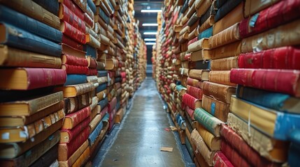 Exploring a narrow aisle filled with vintage books in a bustling library during a quiet afternoon. Generative AI