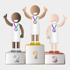 Winners on podium with their medals, first, second and third place.
