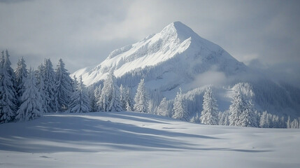 Obraz premium Snowy landscape with a mountain.