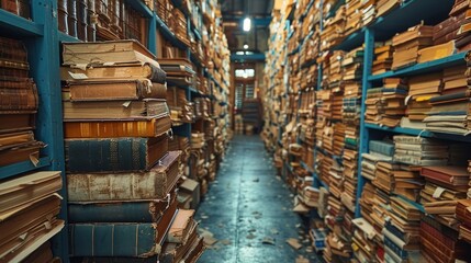 Obraz premium A captivating corridor of antique bookshelves filled with timeworn volumes in a historic library during golden hour. Generative AI