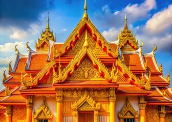 Naklejka premium Vibrant orange and yellow hues of a Suphalak, a traditional Thai architectural feature, adorn the facade of a historic temple, showcasing cultural heritage.