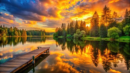 Vibrant orange and yellow hues of sunset illuminate majestic towering trees, reflected in serene lake waters surrounded by lush greenery and rustic wooden dock.