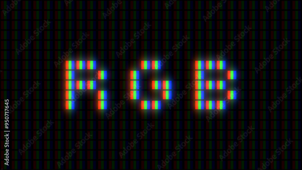 Poster Vintage Game Screen RGB Pixel Font Sign with Glow Effect. Macro of LCD Computer Screen Displaying Pure RGB Red Green Blue Pixels. Vector Illustration.