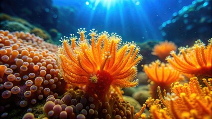 Vibrant orange coral polyps extend from a delicate, lace-like framework, surrounded by tiny, shimmering bubbles and soft, undulating sea anemones in a warm, sunlit ocean scene.