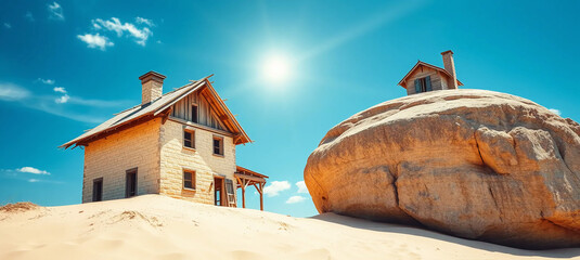 Naklejka premium house constructed on sand versus one built on rock. Gospel of Matthew. Hearing Jesus' teachings and putting them into practice. Blue sky bright scene.