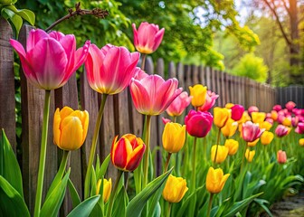 Vibrant pink and yellow tulips sway gently in the soft breeze amidst lush greenery and rustic wooden fencing in a serene spring garden setting.