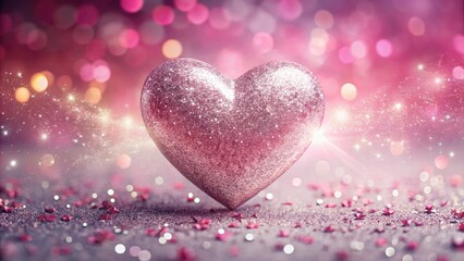 Vibrant pink heart shape surrounded by sparkling silver and pink glitter particles against a soft, pastel pink ombre background with subtle texture and shine.