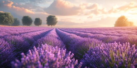 Sunset over a peaceful lavender field with golden light