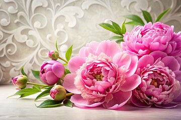 Vibrant pink peonies bloom against a soft, white background, surrounded by elegant scrolling patterns, perfect for expressing heartfelt sentiments on a beautiful greeting card.