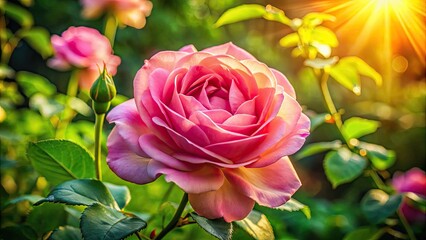 Vibrant pink rose blooms in perfect sunlight, its delicate petals unfolding to reveal a radiant golden center amidst lush green foliage on a warm summer day.