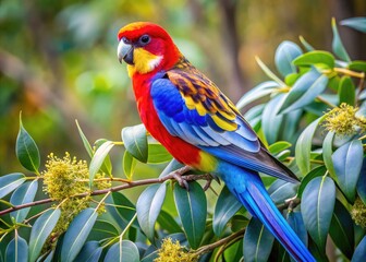 Obraz premium Vibrant plumage of a rosella parrot perched on a eucalyptus branch, showcasing its bright blue and yellow feathers, amidst a lush Australian bushland setting.