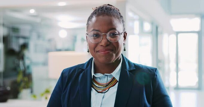 Face, business and black woman with smile, glasses and professional with confidence, startup and clear vision. African person, financial clerk and consultant with eyewear, agency for funding support