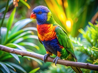 Vibrant rainbow-colored lorikeet perches on a branch, showcasing its stunning plumage, with green and blue feathers glistening in the sunlight, surrounded by lush tropical foliage.