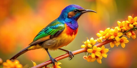 Obraz premium Vibrant pygmy sunbird perches on a delicate flower branch, its iridescent feathers glistening in the sunlight, showcasing its striking orange, yellow, and purple plumage.