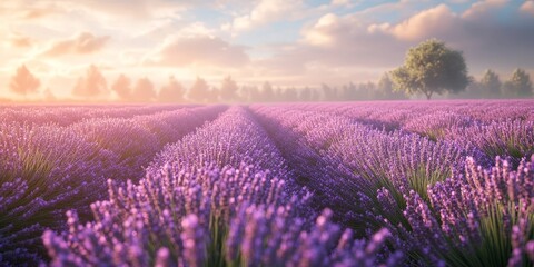 Obraz premium Sunset over a peaceful lavender field with golden light