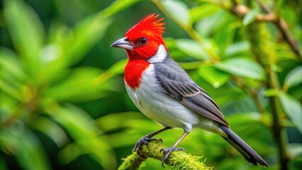 Vibrant red-crested cardinal perches on a lush green branch, its bright plumage and distinctive crest contrasting against the soft foliage of a tropical forest habitat.