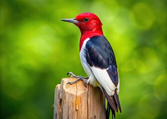 Obraz premium Vibrant red-headed woodpecker perched on a weathered wooden fencepost, showcasing its striking plumage, black back, and bold, curious gaze amidst a lush green background.