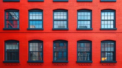 Fototapeta premium Vibrant red brick building with elegant windows reflecting city life on a sunny afternoon. Generative AI